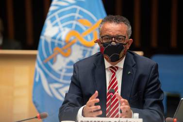Dr Tedros Adhanom Ghebreyesus, director general of the World Health Organisation, during a special session on the Covid-19 response. AP Photo