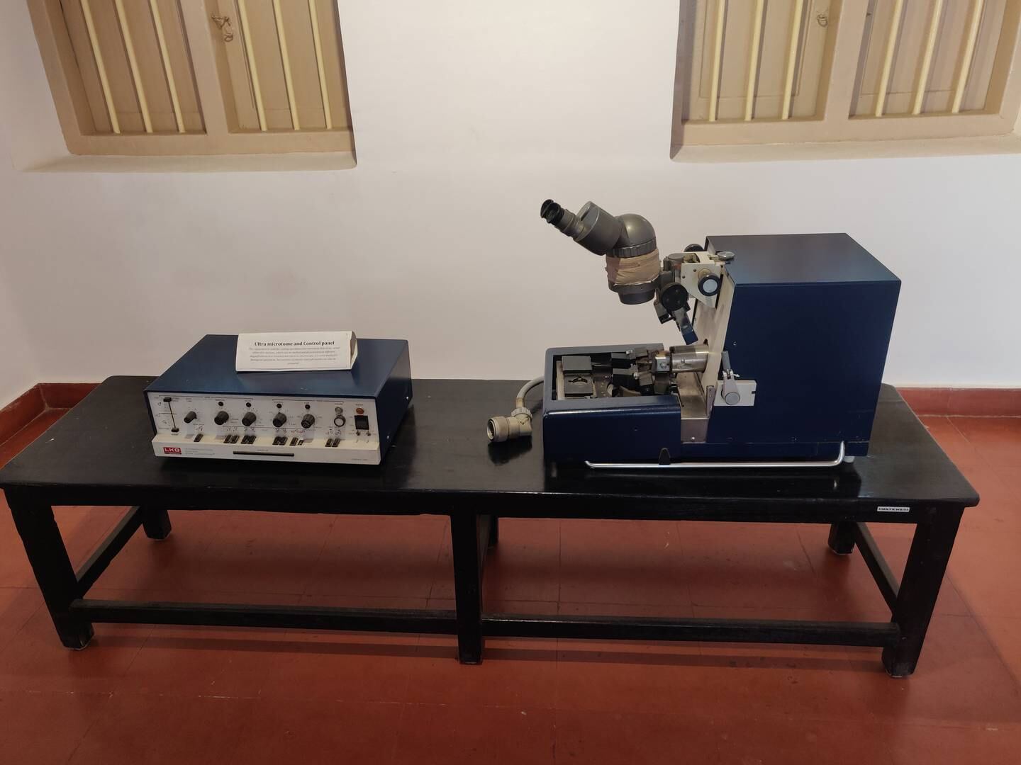 An ultramicrotome, right, displayed at Nimhans museum. The instrument is used to prepare thin slices of material for study under a microscope. Photo: Bindu Gopal Rao