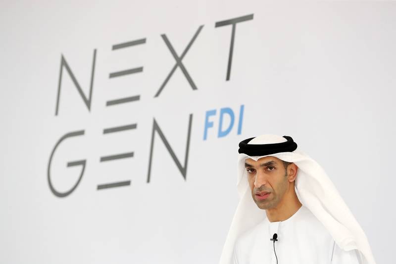 Dr Thani Al Zeyoudi, Minister of State for Foreign Trade, speaking during the launch of NextGenFDI in Dubai in July. Pawan Singh / The National
