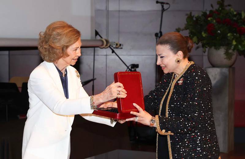 Abu Dhabi Music and Arts Foundation founder Huda Alkhamis Kanoo receives the Medal of Honour from Queen Sofia of Spain. Photo: Abu Dhabi Music and Arts Foundation