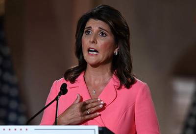 Former Ambassador to the United Nations Nikki Haley speaks during the first day of the Republican convention at the Mellon auditorium in Washington, DC. AFP