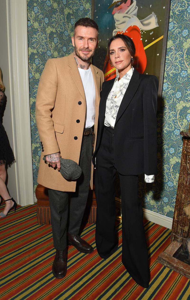 LONDON, ENGLAND - FEBRUARY 17:  (L-R) Victoria and David Beckham attend the Victoria Beckham x YouTube Fashion & Beauty After Party at London Fashion Week hosted by Derek Blasberg and David Beckham, at Marks Club on February 17, 2019 in London, England. (Photo by Victor Boyko/Getty Images for YouTube)