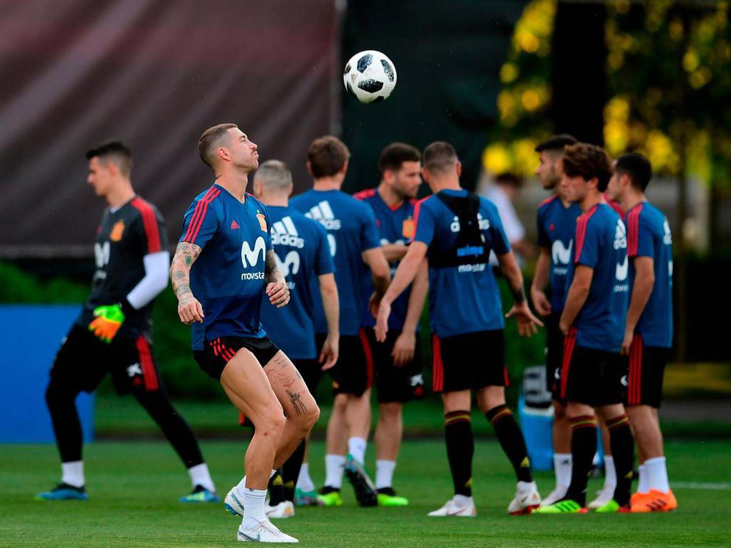 Sergio Ramos trains with his Spain teammates ahead of Sunday's World Cup last-16 clash with Russia. Reuters