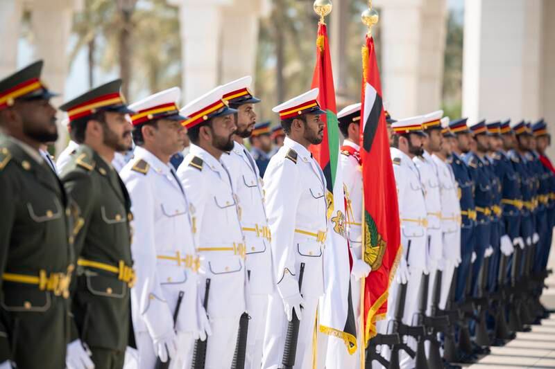 A UAE Armed Forces honour guard participates in a reception for Mr Berdimuhamedow at Qasr Al Watan. Photo:  UAE Presidential Court 