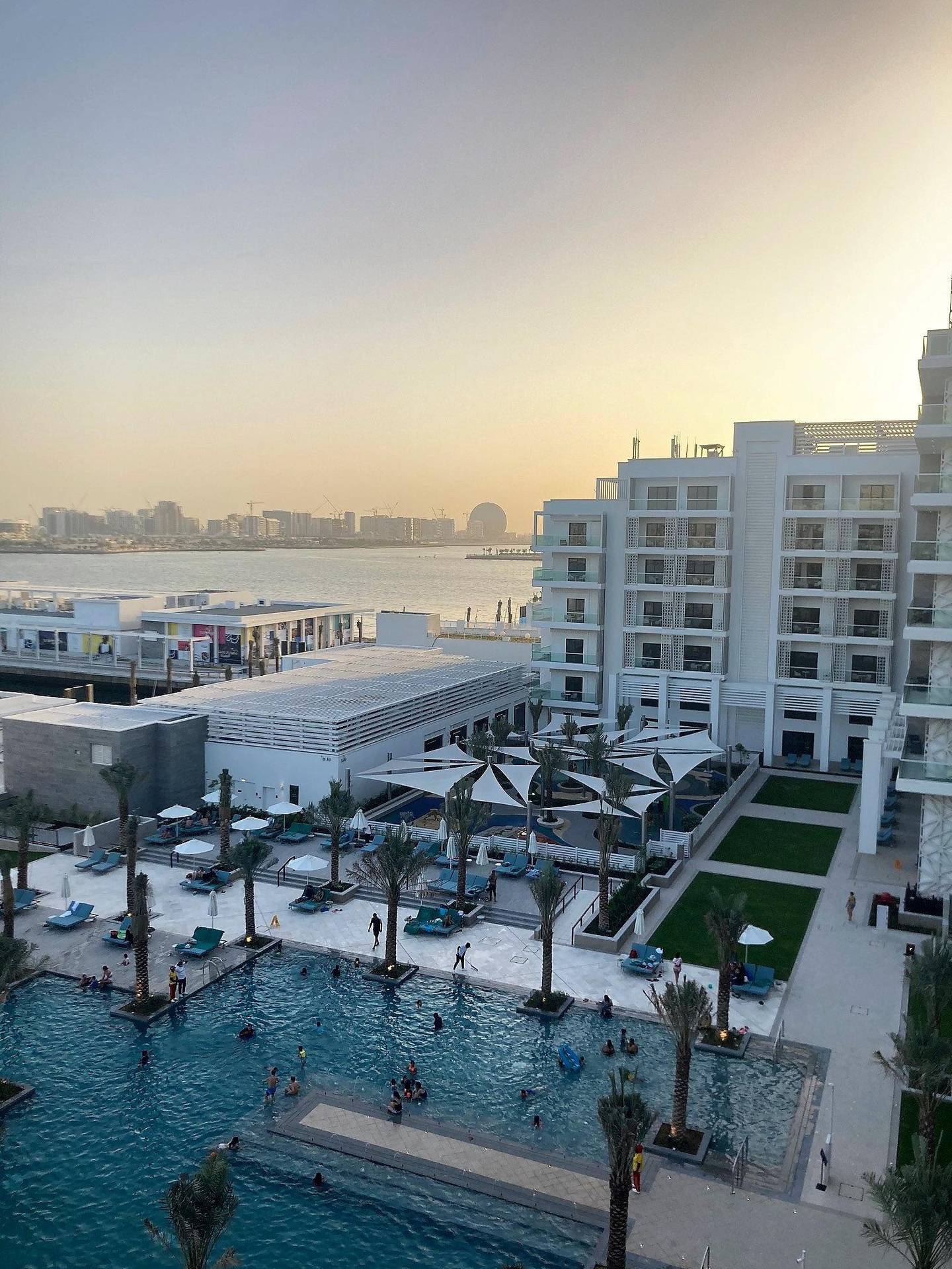 Sunset views from a fifth-floor balcony at the newly opened Hilton Abu Dhabi Yas Island. 