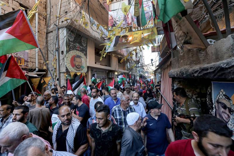 Palestinian wave their national flag in southern Beirut, protesting against the Bahrain conference.  EPA