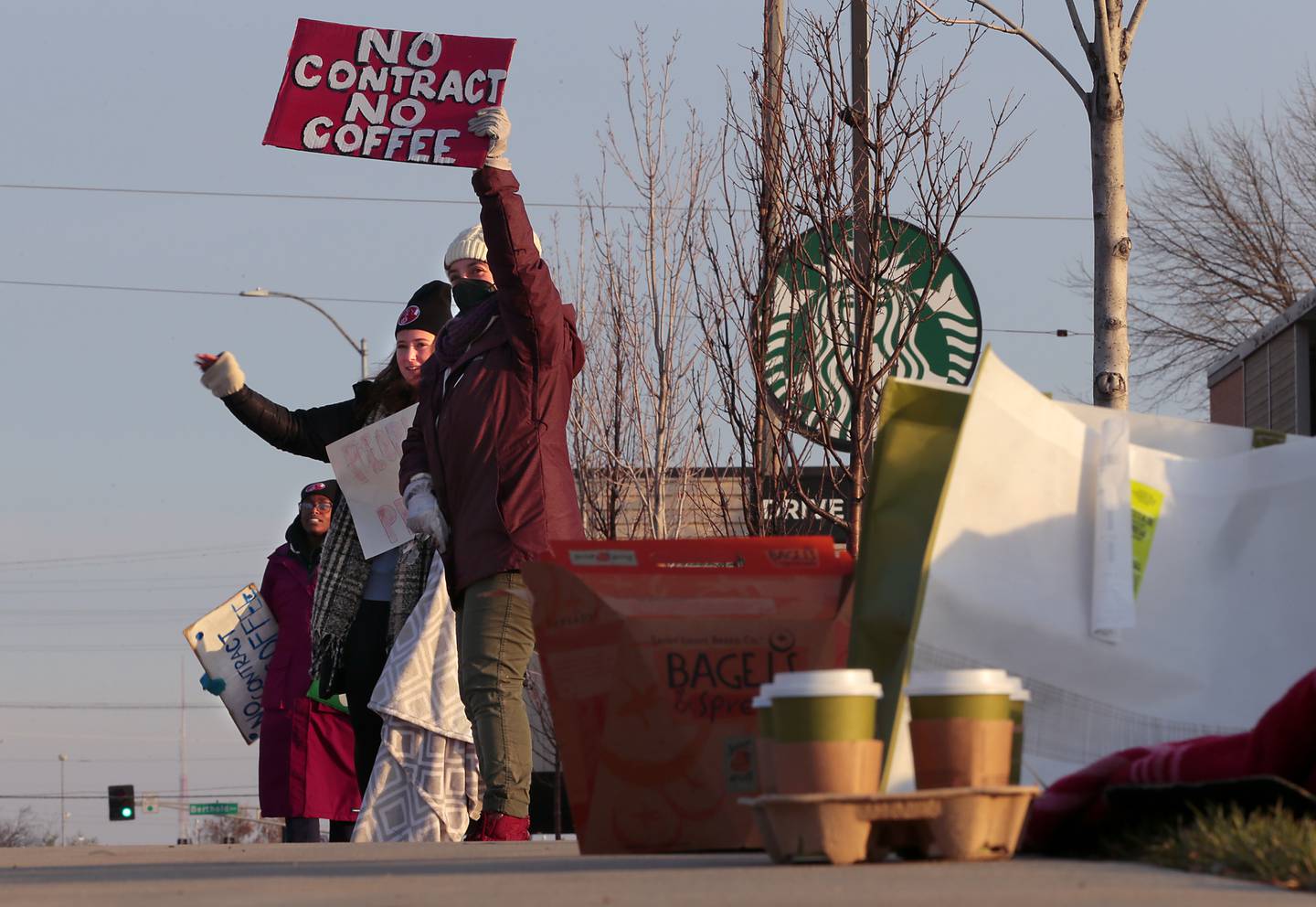 Starbucks employees picket in St Louis, Missouri. AP