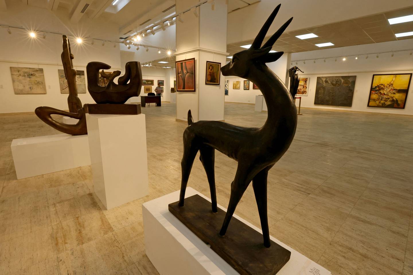 A wooden sculpture of a gazelle with undulating curves on display at Iraq's Ministry of Culture in Baghdad. AFP