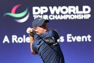 Rory McIlroy of Northern Ireland tees off during the second round of the DP World Tour Championship. EPA