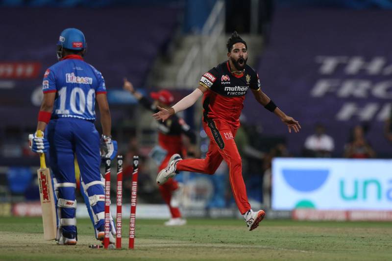 Mohammed Siraj of the Royal Challengers Bangalore celebrates the wicket of Prithvi Shaw of Delhi Capitals  during match 55 of season 13 of the Dream 11 Indian Premier League (IPL) between the Delhi Capitals and the Royal Challengers Bangalore at the Sheikh Zayed Stadium, Abu Dhabi  in the United Arab Emirates on the 2nd November 2020.  Photo by: Pankaj Nangia  / Sportzpics for BCCI