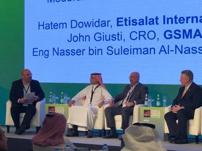 Jawad Abbassi, head of MENA at GSMA;  Nasser bin Sulaiman Al-Nasser, group chief executive of STC; Hatem Dowidar, chief executive of Etisalat International and John Giusti, chief regulatory officer at GSMA during GSMA Mobile 360 in Dubai. GSMA