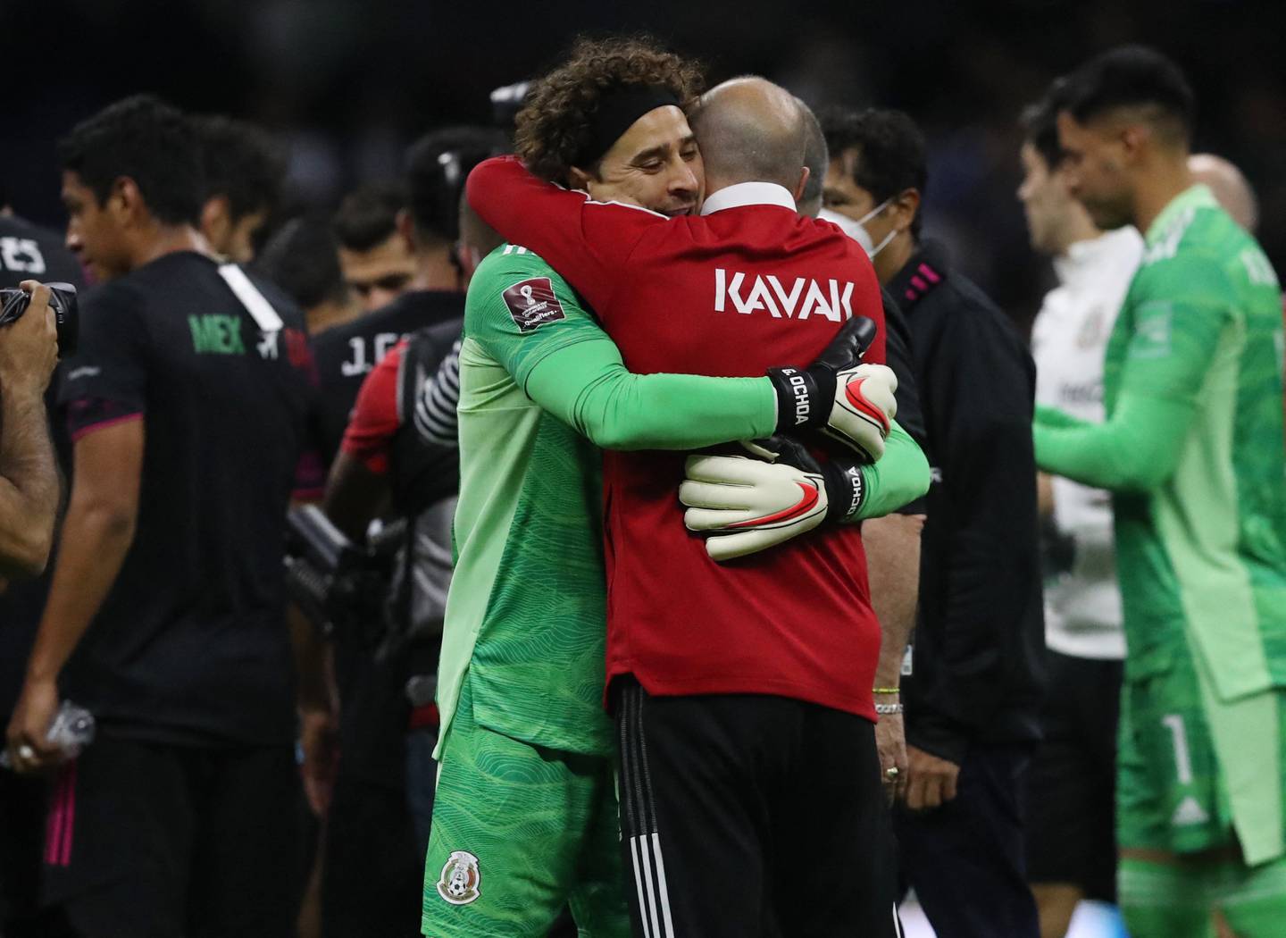 Mexico's Guillermo Ochoa celebrates their World Cup qualification. Reuters
