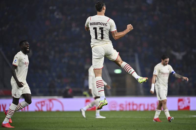 AC Milan's Zlatan Ibrahimovic celebrates after scoring against Bologna. AP
