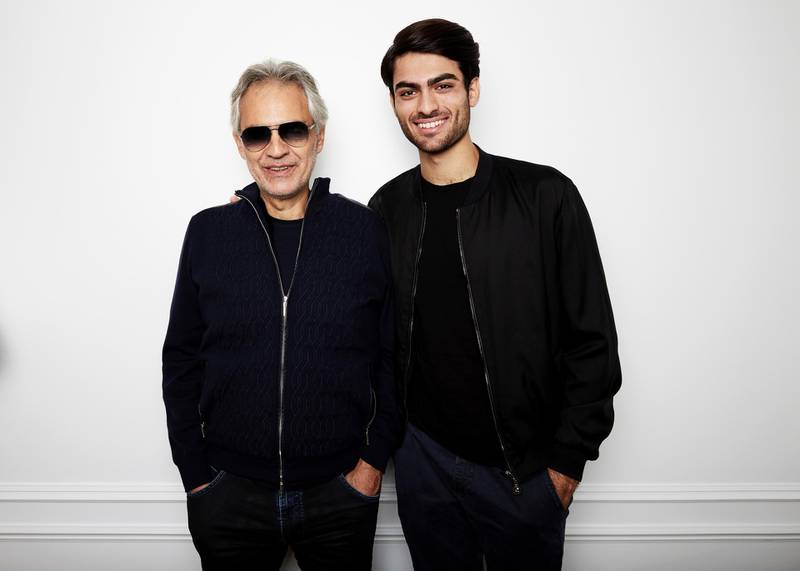 In this Oct. 26, 2018 photo, Andrea Bocelli and his son Matteo Bocelli pose for a portrait in New York to promote the album â€œSi,â€ a collection of duets, including their father and son song, "Fall On Me." (Photo by Taylor Jewell/Invision/AP)
