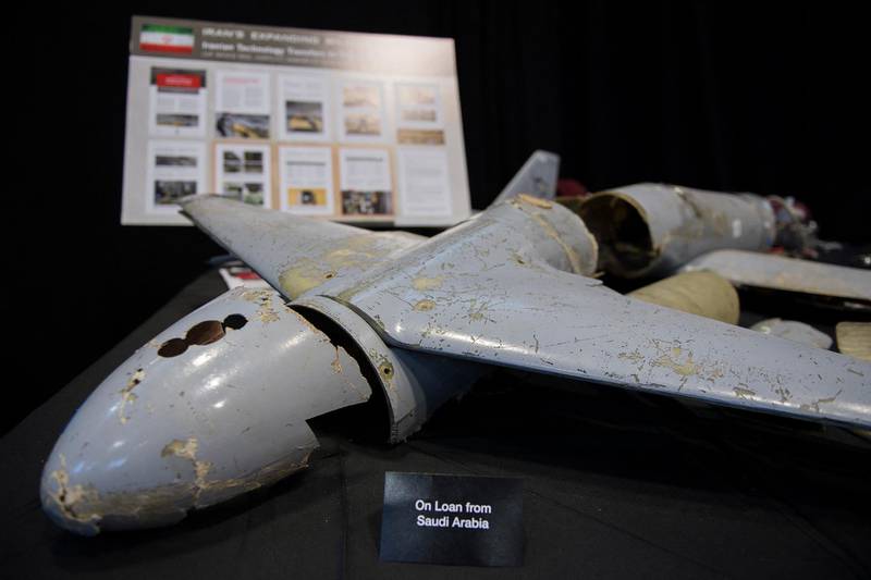 A kamikaze drone is seen on display after US Ambassador to the United Nations Nikki Haley unveiled previously classified information intending to prove Iran violated UNSCR 2231 by providing the Houthi rebels in Yemen with arms during a press conference at Joint Base Anacostia in Washington, DC, on December 14, 2017. - Haley said Thursday that a missile fired by Huthi militants at Saudi Arabia last month had been made in Iran. "It was made in Iran then sent to Huthi militants in Yemen," Haley said of the missile. (Photo by JIM WATSON / AFP)