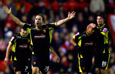BRISTOL, ENGLAND - DECEMBER 28: John Eustace of Watford celebrates scoring the equalising goal during the Coca Cola Championship match between Bristol City and Watford at Ashton Gate on December 28, 2009 in Bristol, England. (Photo by Tom Dulat/Getty Images)