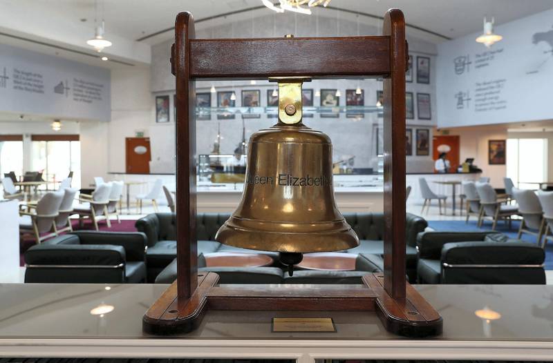 DUBAI , UNITED ARAB EMIRATES ,  October 15 , 2018 :- Queen Elizabeth 2 Bell on display at the reception area near the Queen Elizabeth 2 ship in Dubai. ( Pawan Singh / The National )  For Weekend. Story by Hala Khalaf