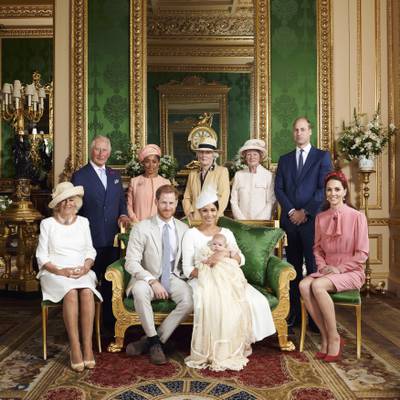This is the official christening photo released by the Duke and Duchess of Sussex on Saturday, July 6, 2019, showing Britain's Prince Harry, front row, second left and Meghan, the Duchess of Sussex with their son, Archie. Camilla, the Duchess of Cornwall sits at left. Back row from left, Prince Charles, Doria Ragland, Lady Jane Fellowes, Lady Sarah McCorquodale, Prince William and Kate, the Duchess of Cambridge, in the Green Drawing Room at Windsor Castle, Windsor, England. (Chris Allerton/Â©SussexRoyal via AP)