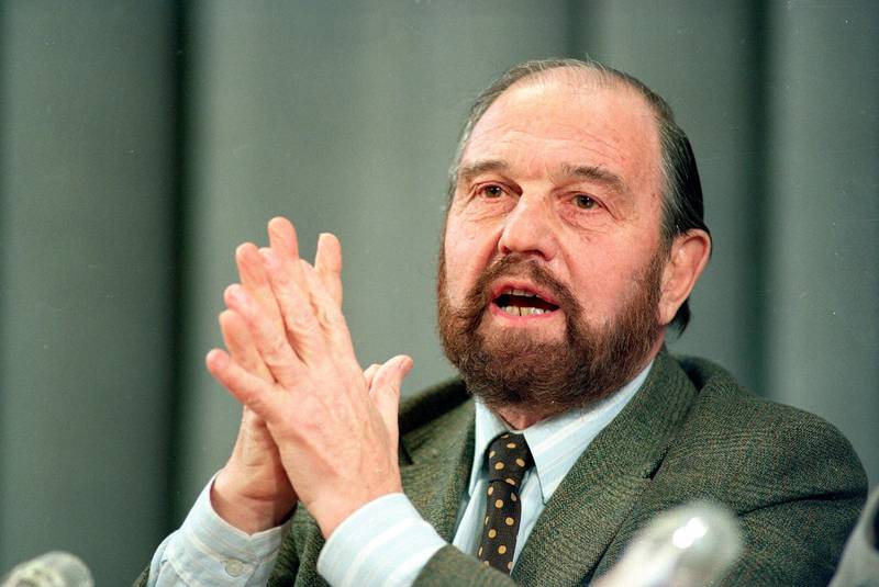 FILE - In this Jan. 15, 1992 file photo, George Blake, a former British spy who doubled as a Soviet agent, gestures during a news conference in Moscow. Blake, a former British intelligence officer who worked as a double agent for the Soviet Union, has died in Russia. He was 98. Russiaâ€™s Foreign Intelligence Service announced his death on Saturday, Dec. 26, 2020 without giving any circumstances of his death. Russian President Vladimir Putin expressed condolences, hailing Blake as a â€œbrilliant professionalâ€ and a man of â€œremarkable courage.â€ (AP Photo/Boris Yurchenko, File)
