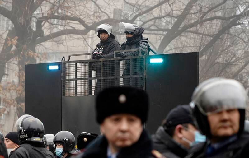Kazakh armed police on patrol during state of emergency. EPA