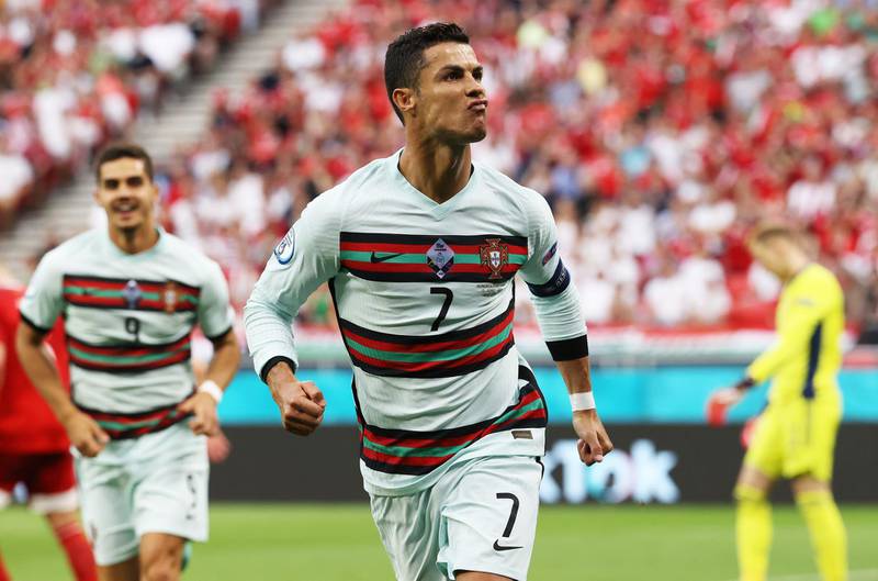 Cristiano Ronaldo celebrates scoring Portugal's second goal in their 3-0 Euro 2020 win over Hungary at the Puskas Arena in Budapest on Tuesday, June 15. Getty
