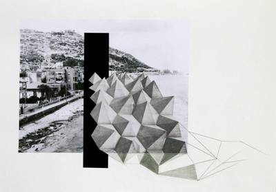 Hazem Harb, 'Untitled #16' from the 'Archaeology of Occupation' series, 2015. In the collage series, Harb juxtaposes pre-Nakba (1948) photographs of Palestinian landscapes with concrete forms. Courtesy of the artist and Tabari Artspace