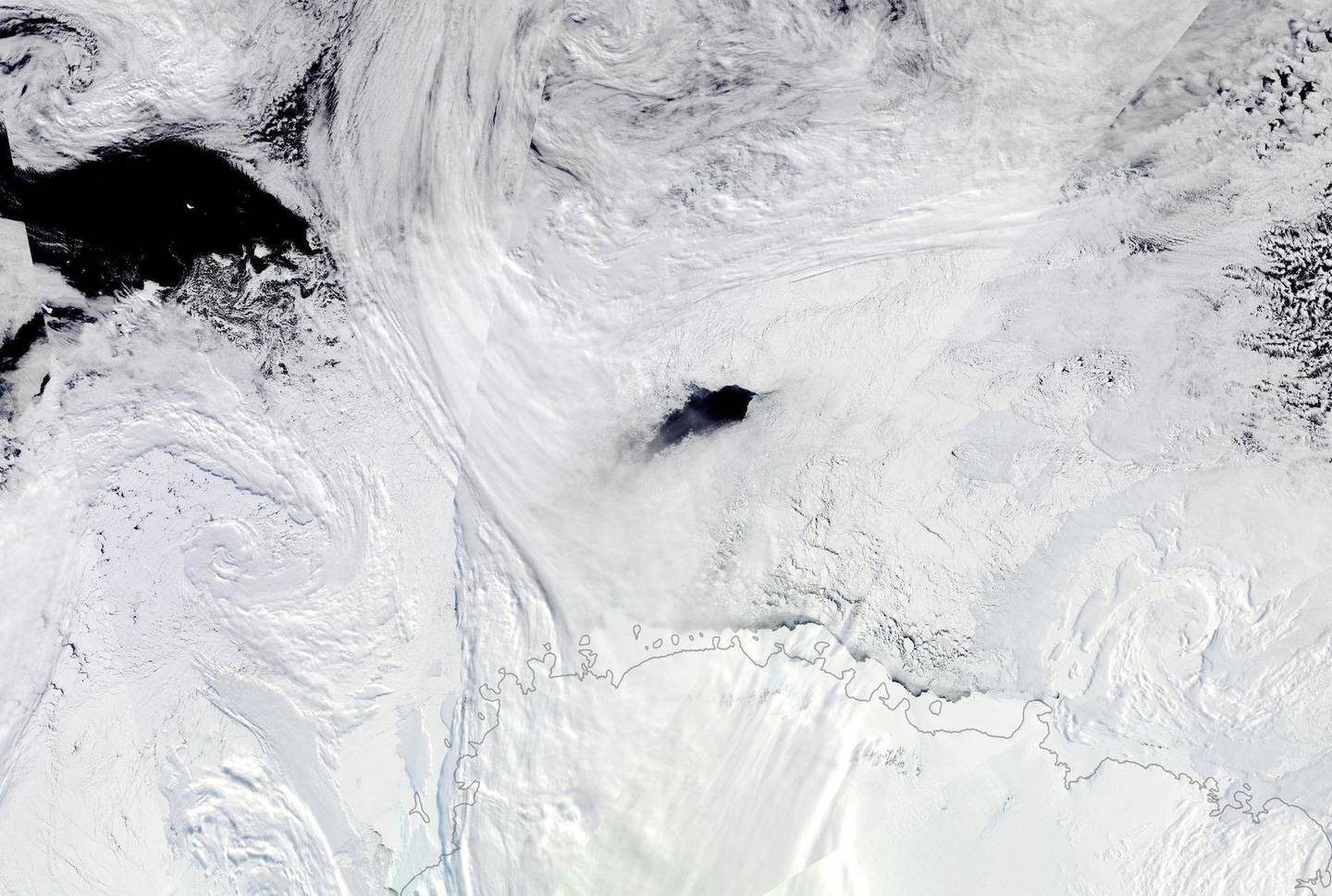 The Maud Rise polynya—named for the submerged mountain-like feature over which it grows—routinely occurs in early spring and occasionally in winter. According to Joey Comiso, an emeritus scientist at NASA’s Goddard Space Flight Center, the shape of the seafloor “causes the ocean current driven by the Weddell Gyre to bring warm water up to the upper layer of the ocean and causes the sea ice to melt.” The Moderate Resolution Imaging Spectroradiometer (MODIS) on NASA’s Terra satellite acquired these images of the Maud Rise polynya in the eastern Weddell Sea on September 25, 2017. Courtesy NASA’s Earth Observatory