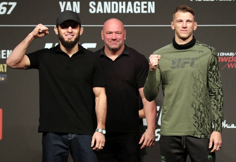 Dan Hooker and Islam Makhachev square off at the press conference before UFC 267.