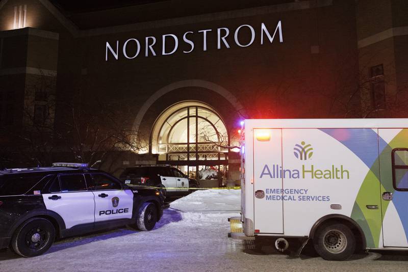 Emergency vehicles at the Mall of America after shots were fired at the shopping centre in Bloomington, Minnesota. AP