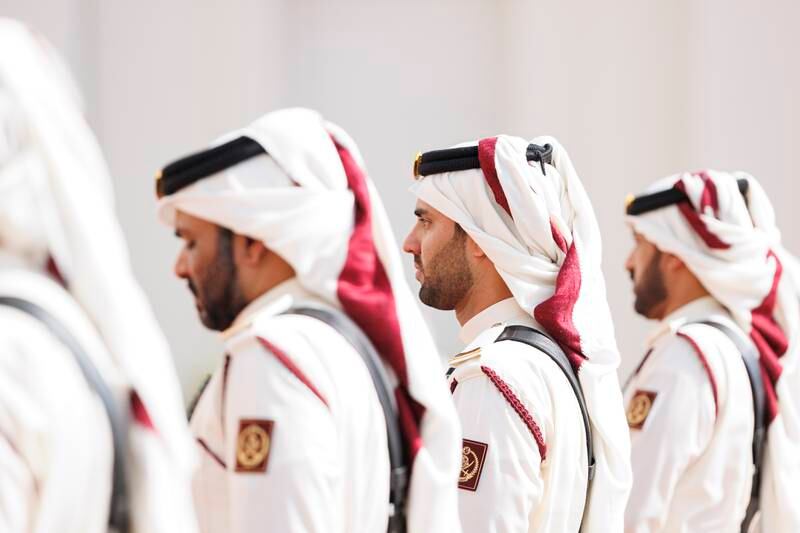 The Qatar Guard of Honour stands to attention during a reception for Sheikh Mohamed. Abdulla Al Neyadi / Presidential Court