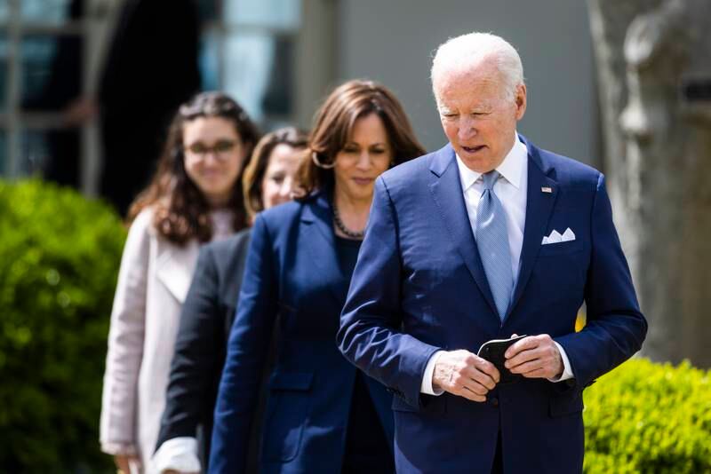 Ms Harris and Mr Biden meet on April 11. EPA 
