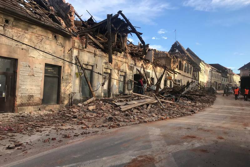 A view of buildings damaged in an earthquake, in Petrinja, Croatia.  A strong earthquake has hit central Croatia and caused major damage and at least one death in a town southeast of the capital Zagreb. AP
