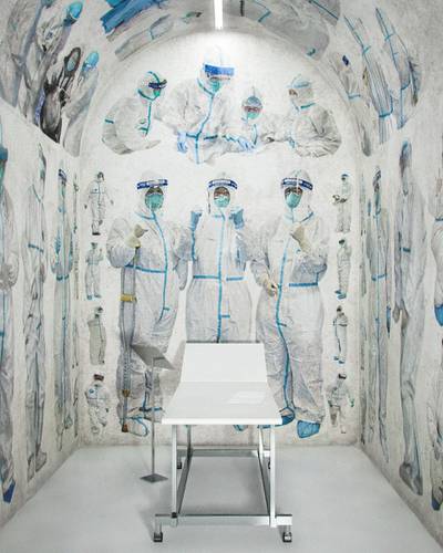 Duyi Han, designer and creative director of Doesn't Come Out design studio, has created a concept for a mural that pays tribute to the medical workers in Wuhan. The work is part of a series called 'The Saints Wear White'. Courtesy Duyi Han / @duyi.han
