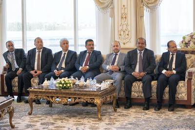 ABU DHABI, UNITED ARAB EMIRATES - June 10, 2019: A delegation accompanying HE Dr Maeen Abdulmalik, Prime Minister of Yemen (not shown), during a Sea Palace barza. 

( Hamad Al Kaabi / Ministry of Presidential Affairs )​
---