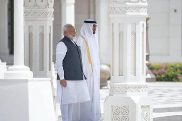 Sheikh Mohamed bin Zayed receives Indian Prime Minister Narendra Modi at Qasr Al Watan, where he was accorded an official reception. Twitter/ Mohamed bin Zayed