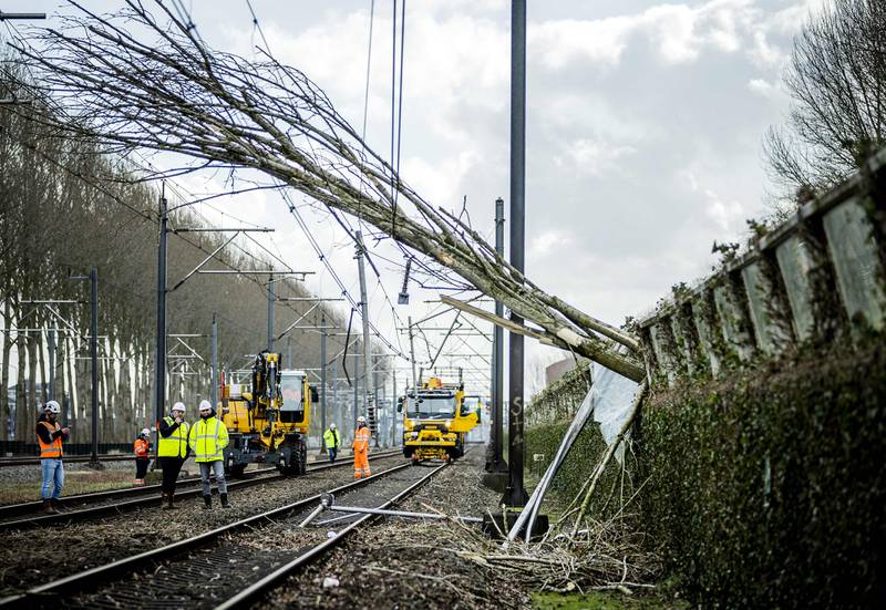 Workers carry out repairs on an overhead line and a railway in Maarssen, the Netherlands, after Storm Eunice hit northern Europe. AFP