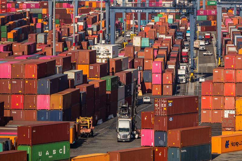 Shipping containers and trucks are seen inside the Port of Los Angeles in San Pedro, California. The Russia-Ukraine war and the Covid-19 pandemic have increased awareness that more resilient supply chains are needed. AFP