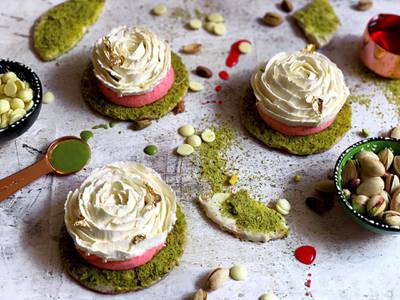 Khan's creations, like this Roohafza and pistachio mousse dessert, are inspired by nostalgia. 