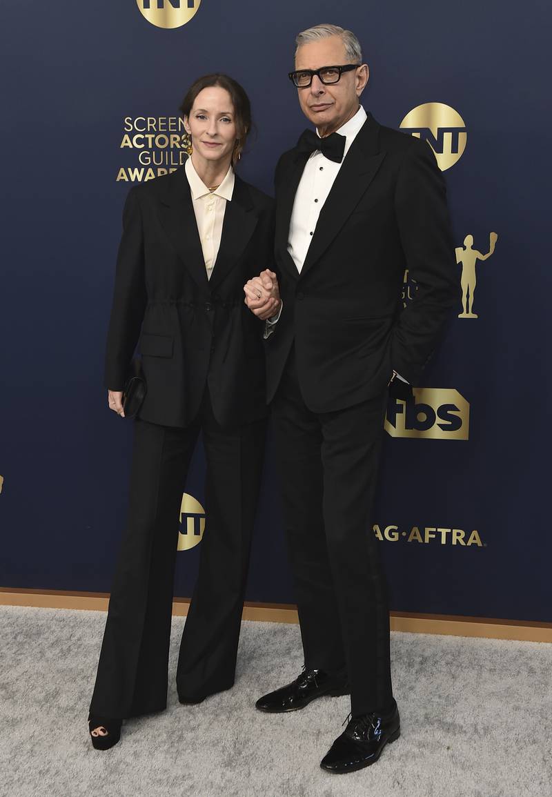 Emilie Livingston, and Jeff Goldblum, right, arrive. AP