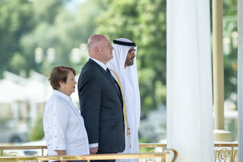 ABU DHABI, UNITED ARAB EMIRATES - October 01, 2017: HH Sheikh Mohamed bin Zayed Al Nahyan Crown Prince of Abu Dhabi Deputy Supreme Commander of the UAE Armed Forces (R), receives His Excellency General the Honourable Sir Peter Cosgrove, Governor-General of Australia (C) and Lady Cosgrove (L), at Mushrif Palace. 

( Rashed Al Mansoori / Crown Prince Court - Abu Dhabi )
---