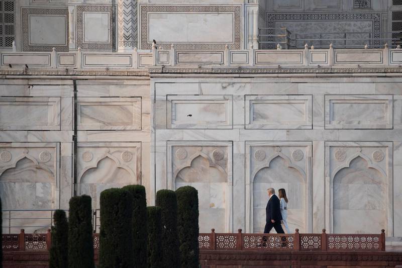 US President Donald Trump and First Lady Melania Trump tour the Taj Mahal. AP Photo