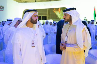 SAADIYAT ISLAND, ABU DHABI, UNITED ARAB EMIRATES - November 27, 2018: HH Sheikh Mohamed bin Saud bin Saqr Al Qasimi, Crown Prince and Deputy Ruler of Ras Al Khaimah (L), and HH Sheikh Rashid bin Humaid Al Nuaimi (R), attend the UAE Government Annual Meeting at the St Regis Saadiyat. 
( Ryan Carter / Ministry of Presidential Affairs )
---