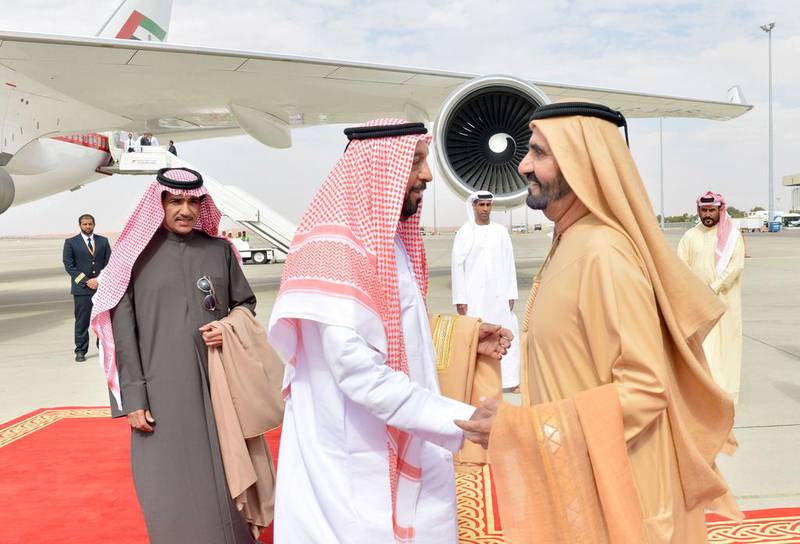 Sheikh Mohammed welcomes President Sheikh Khalifa on his return to Al Ain in January 2013 after a private visit to Pakistan. Wam