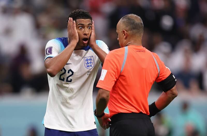 Jude Bellingham of England reacts to a refereeing decision. Getty