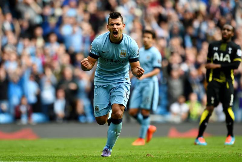 MANCHESTER, ENGLAND - OCTOBER 18:  Sergio Aguero of Manchester City celebrates after scoring his team's third goal during the Barclays Premier League match between Manchester City and Tottenham Hotspur at Etihad Stadium on October 18, 2014 in Manchester, England.  (Photo by Shaun Botterill/Getty Images)