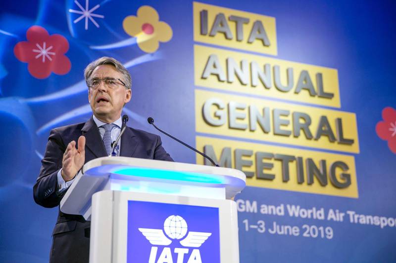Alexandre de Juniac, director general and chief executive officer of International Air Transport Association (IATA), speaks during the IATA annual general meeting in Seoul, South Korea, on Sunday, June 2, 2019. The worsening U.S.-China trade war and rising costs are putting pressure on airline earnings as the IATA cut its forecast for 2019 industry profits by more than a fifth. Photographer: Jean Chung/Bloomberg