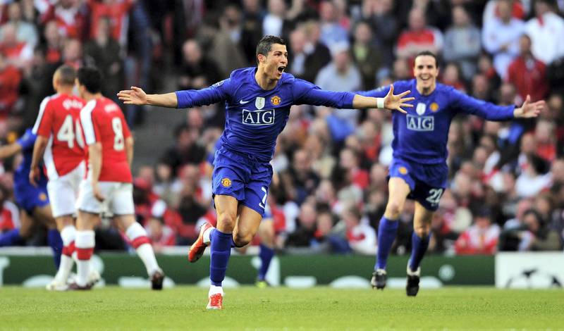 LONDON, ENGLAND - MAY 05:  Cristiano Ronaldo of Manchester United celebrates scoring the second goal of the game during the UEFA Champions League Semi Final Second Leg match between Arsenal and Manchester United at Emirates Stadium on May 5, 2009 in London, England.  (Photo by Shaun Botterill/Getty Images)