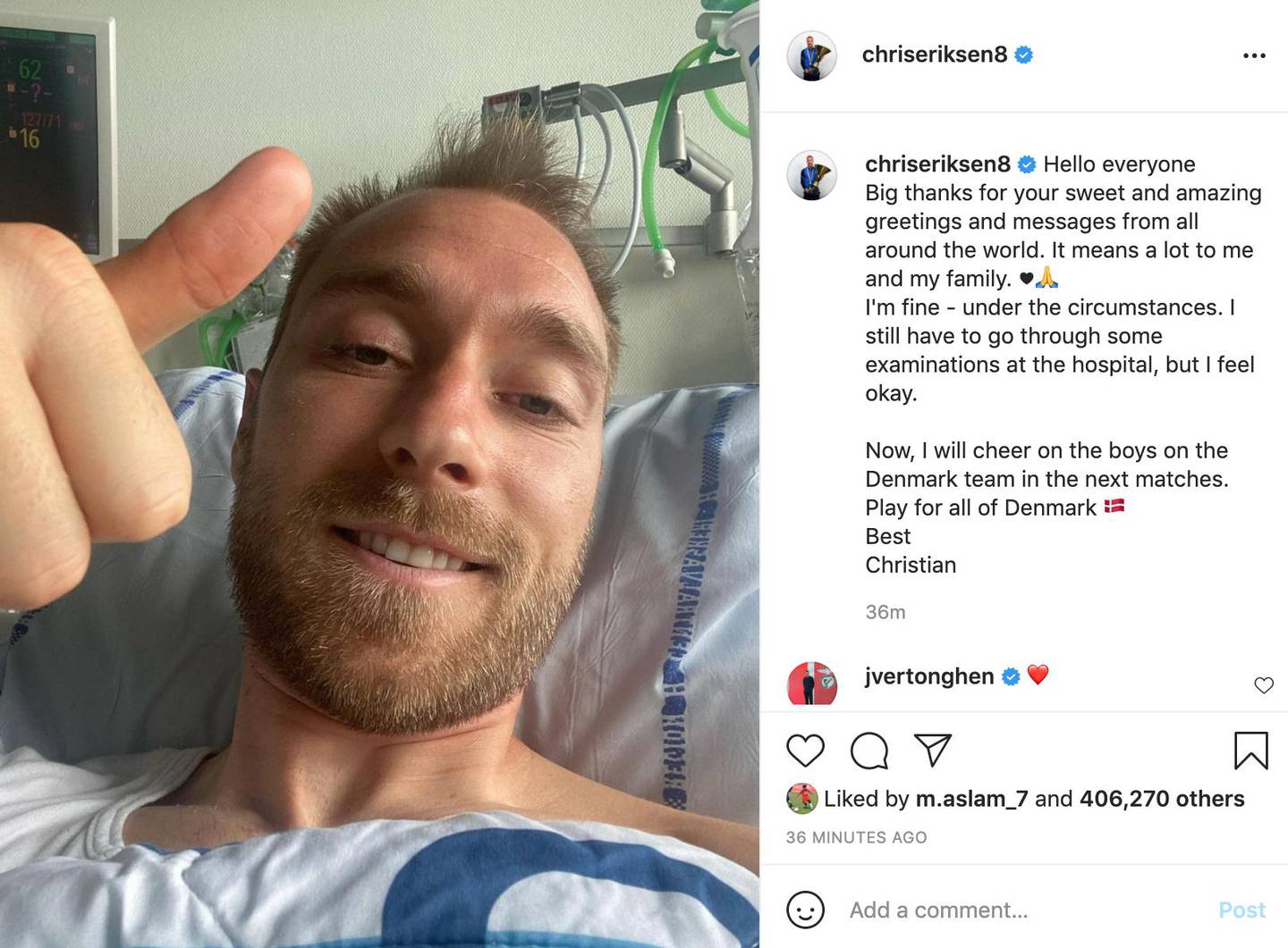 A screenshot from Chrstian Eriksen's Instagram account as the Danish midfielder posts an update from hospital. chriseriksen8 / Instagram