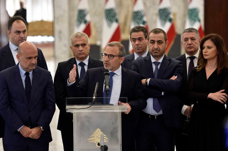 Gebran Bassil, leader of the Free Patriotic Movement, gives a statement at Lebanon's presidential palace in Baabda, in June 2022.  EPA