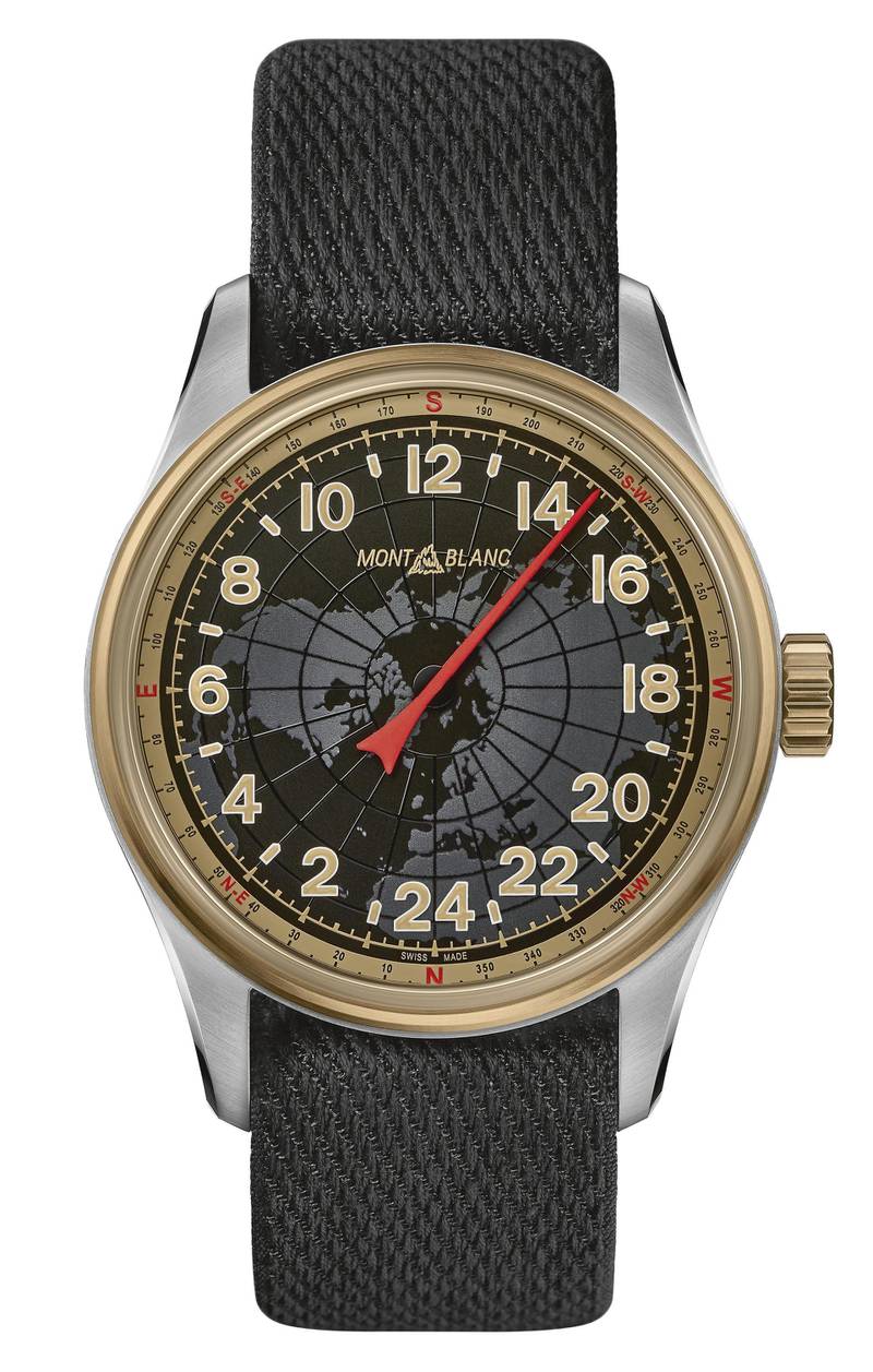 1858 Automatic 24H: Montblanc has launched two new 1858 timepieces, combining vintage aesthetics with new coloured dials, case elements made of a special bronze alloy, hand-made NATO straps and unique complications. The 1858 Automatic 24H pictured here features a 24-hour dial, with a single hand that allows the timepiece to be used both as a timekeeper and as a compass. The red hand is coated in SuperLumiNova for enhanced visibility, while the compass scale is marked on the outer rim of the dial in a beige ring, with markers at approximately 5 degree intervals.